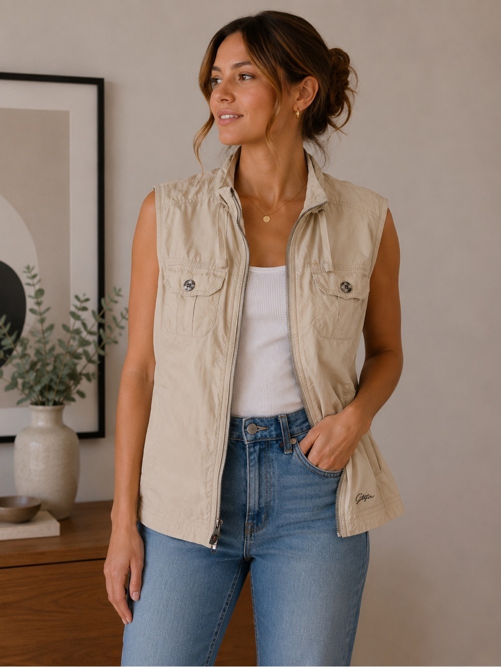 Gigadeluxe by Killtec Beige Utility Sleeveless Vest Size 38 Neutral Lightweight